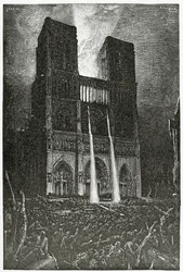 Quasimodo gießt kochendes Öl auf die Armee von Schurken, die versuchen, Esmeralda zu retten - Illustration aus Notre Dame de Paris, 19. Jahrhundert